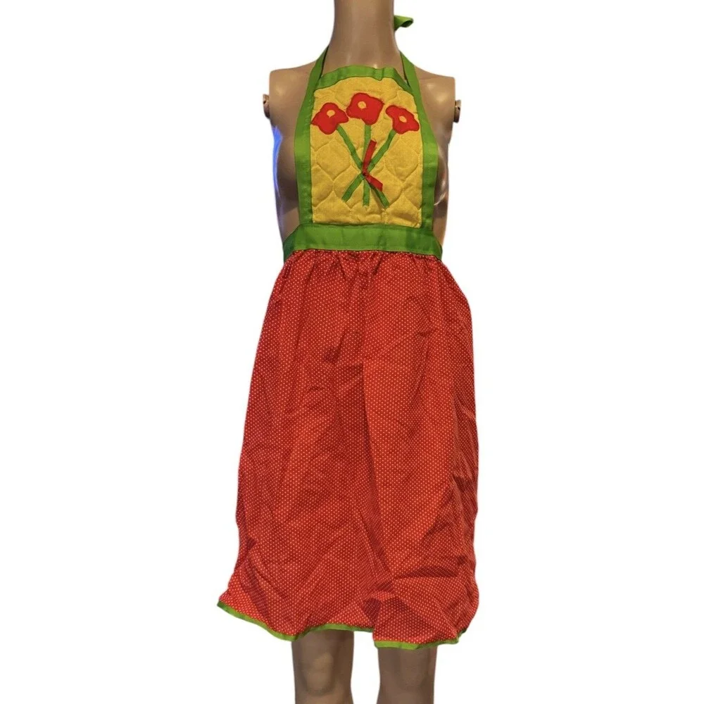 Judy’s Things,VTG Quilted Apron Yellow Red Polka Dots- Red Flowers Bouquet 80s